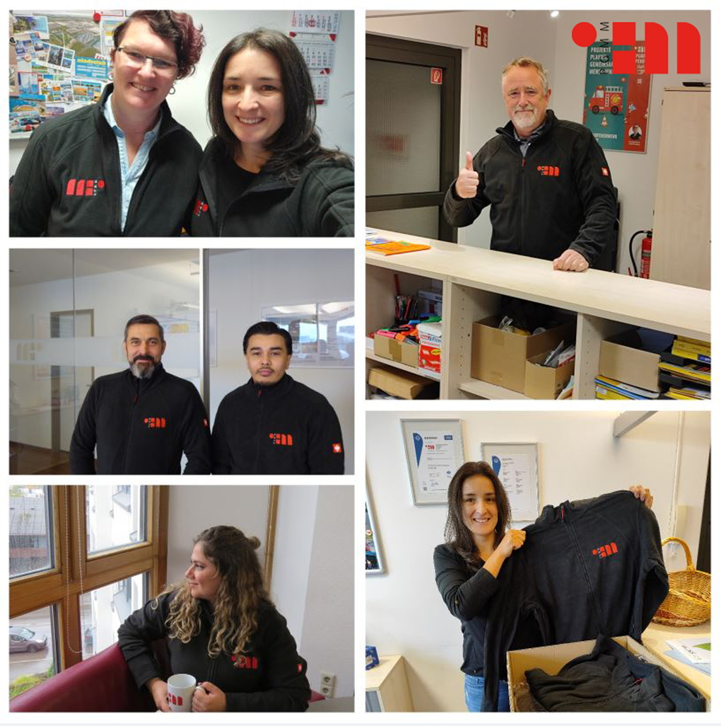 Bildercollage von der Verteilung von Fleecejacken an die Mitarbeitenden bei PGMM und deren Tochterunternehmen