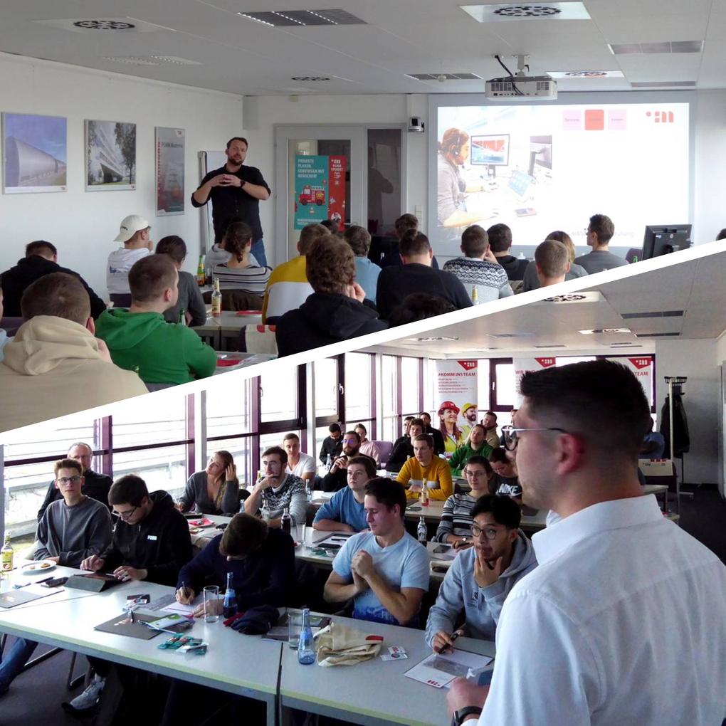 Referenten von PGMM vor Studierenden während des Hochschultages der Hochschule Esslingen am Firmensitz der Planungsgruppe M+M AG in Böblingen im Dezember 2022