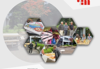 Collage der Einweihungsfeier der neuen Sitzbänke im Außenbereich der Planungsgruppe M+M AG am Firmensitz in Böblingen