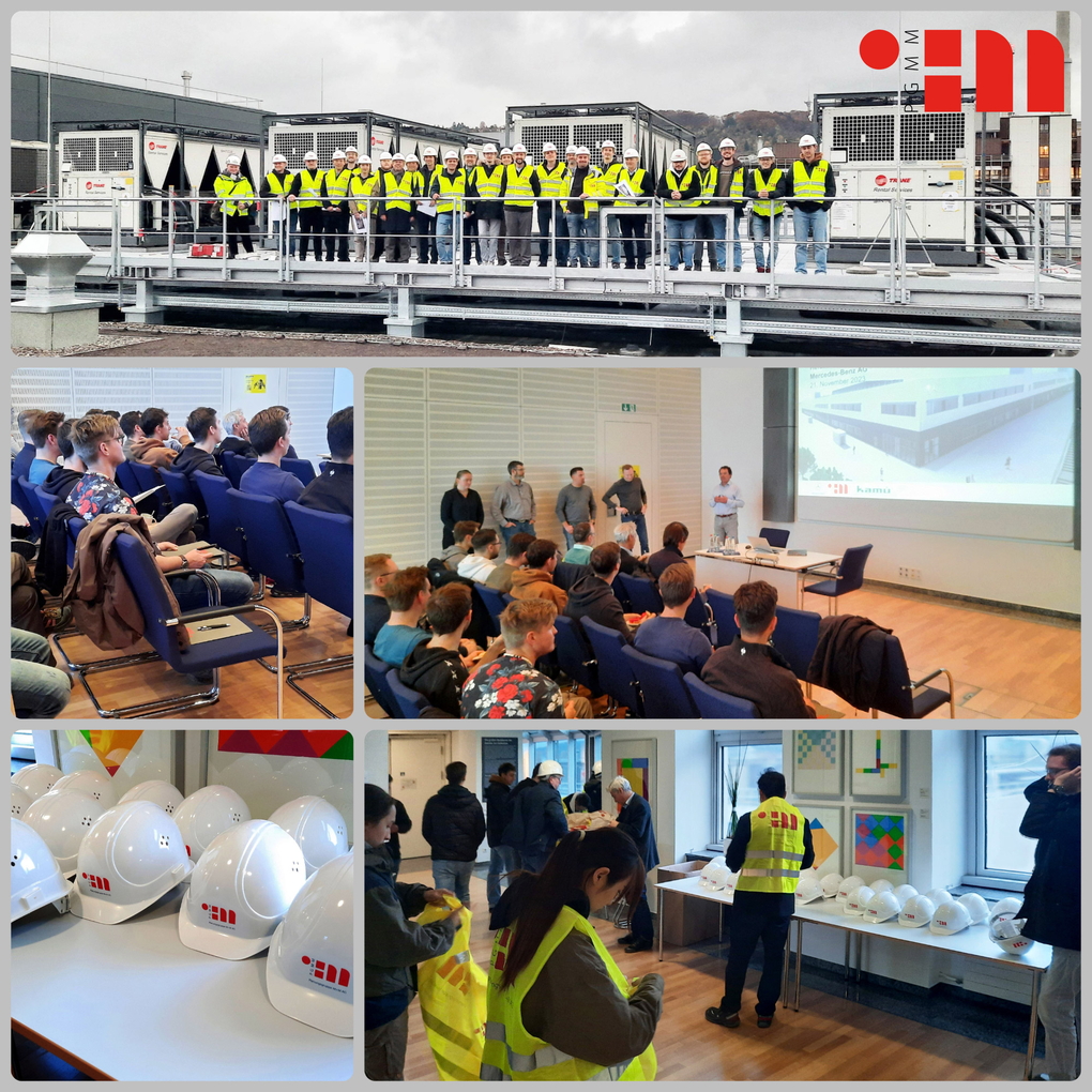 Gruppenfoto der Teilnehmerinnen und Teilnehmer am PGMM-Hochschultag mit der Studierenden der Universität Stuttgart und der Hochschule Esslingen auf der Baustelle des eCampus bei Mercedes-Benz in Stuttgart-Unterürkheim.